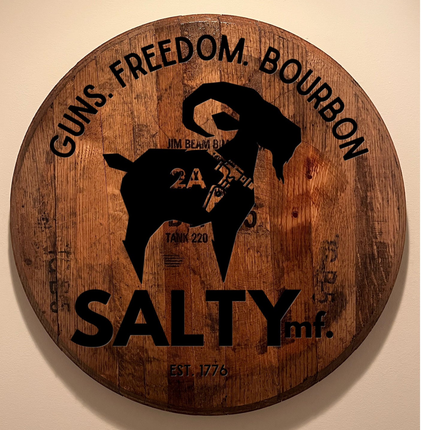 The SALTYMF Authentic 2A Guns Freedom and Bourbon Barrel Head